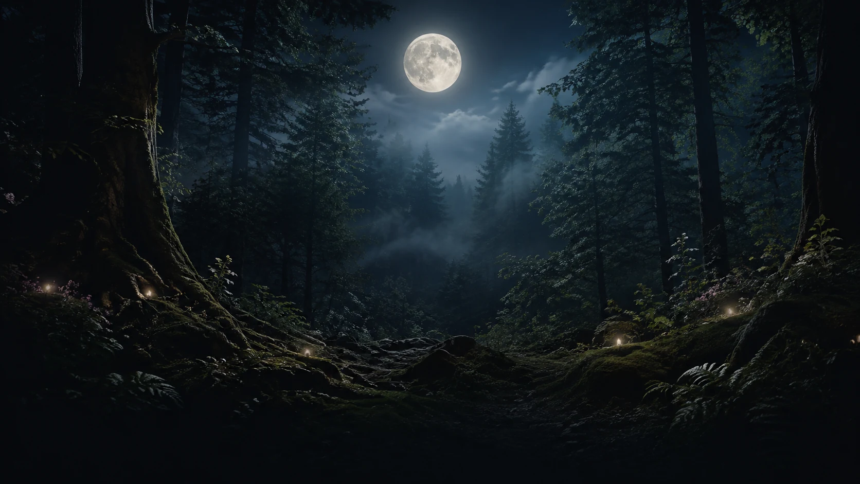 A full moon shining through a quiet enchanted forest