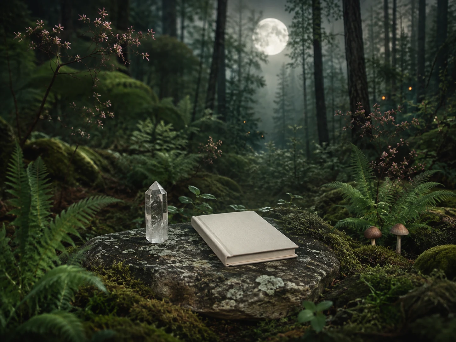 A journal and clear quartz in a moonlit forest clearing