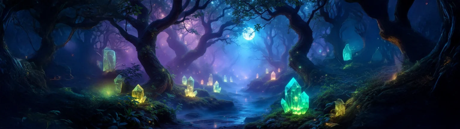 A moonlit enchanted forest filled with luminous crystals
